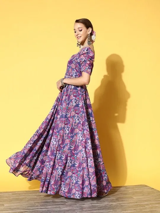 Blue & Pink Floral Georgette Maxi Dress