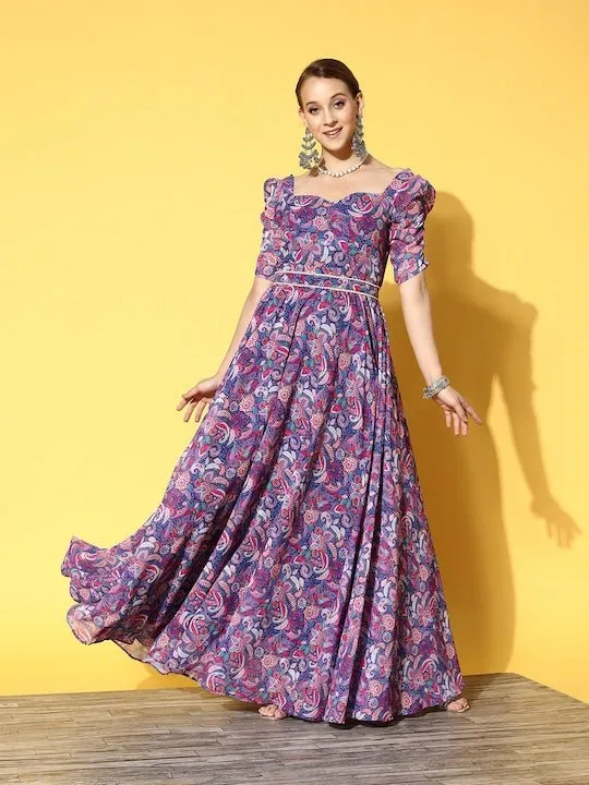 Blue & Pink Floral Georgette Maxi Dress