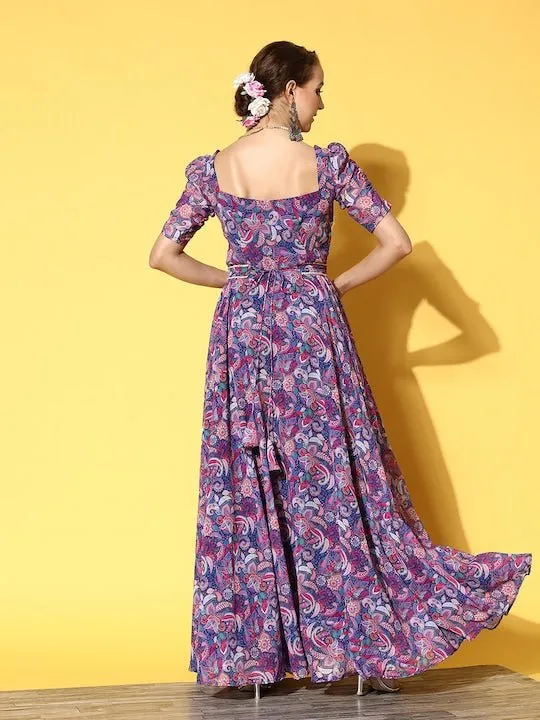 Blue & Pink Floral Georgette Maxi Dress