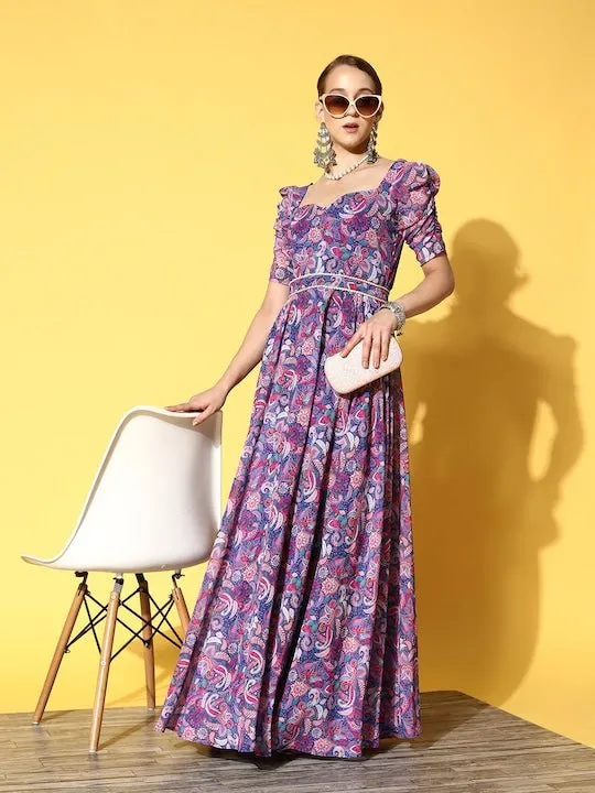 Blue & Pink Floral Georgette Maxi Dress