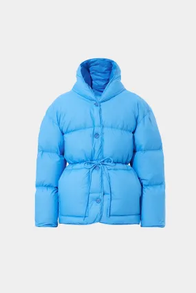 Blue hooded puffer jacket with bow detail