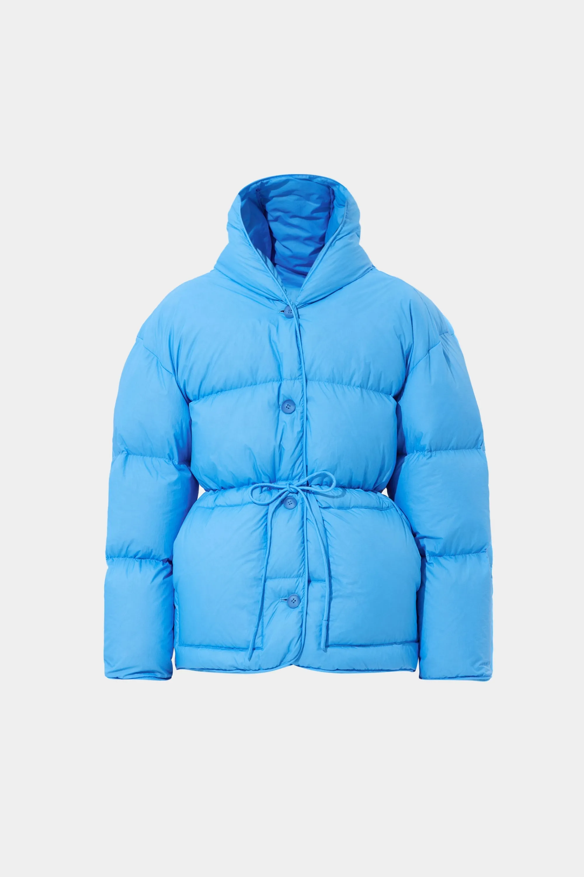 Blue hooded puffer jacket with bow detail