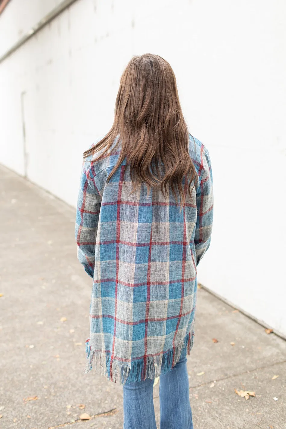 Blue Red Gray Plaid Frayed Button Up Long Shacket