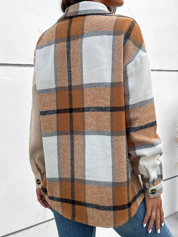 Boho Color Block Long Sleeve Plaid Collared Shirt