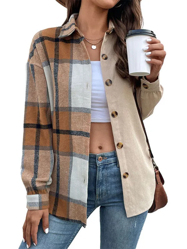 Boho Color Block Long Sleeve Plaid Collared Shirt