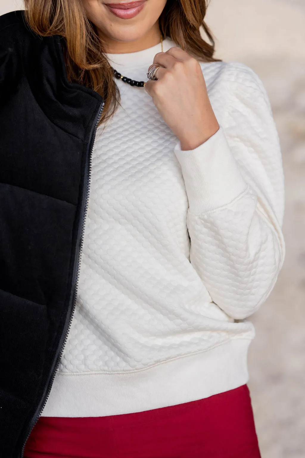 Bold Textured Gathered Shoulder Sweatshirt