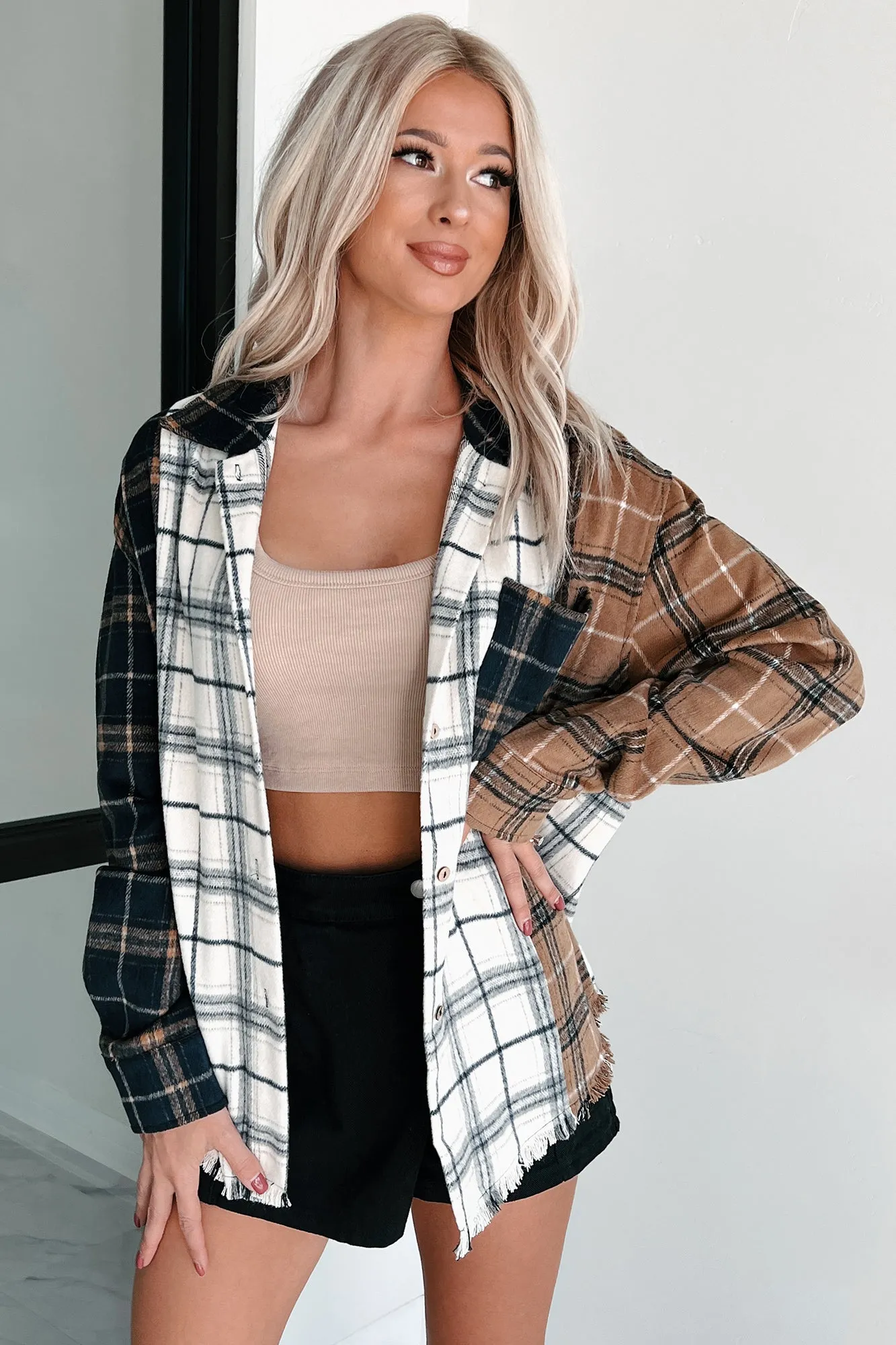 Bonfire Social Mixed Plaid Shacket (Multi/Navy)