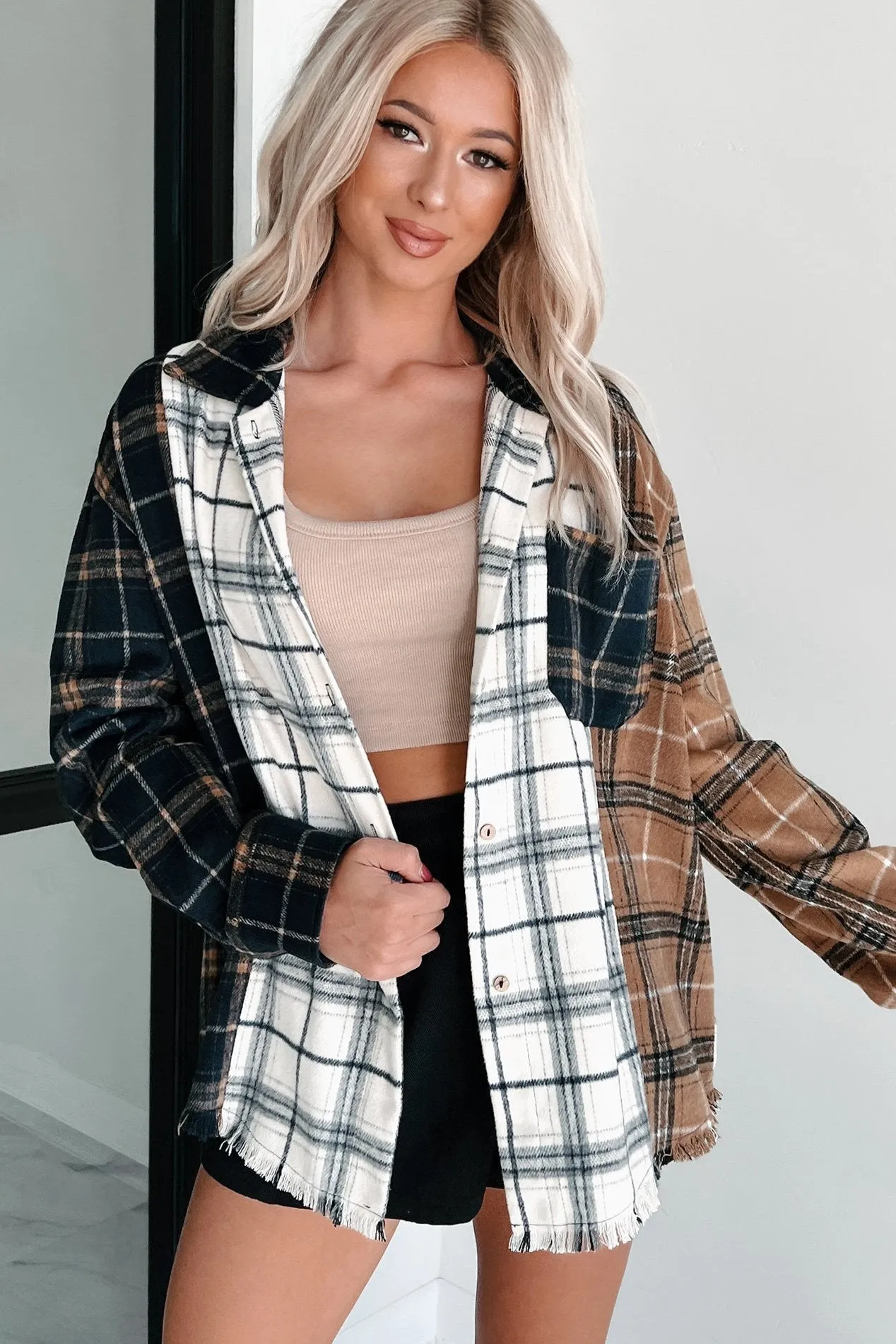 Bonfire Social Mixed Plaid Shacket (Multi/Navy)