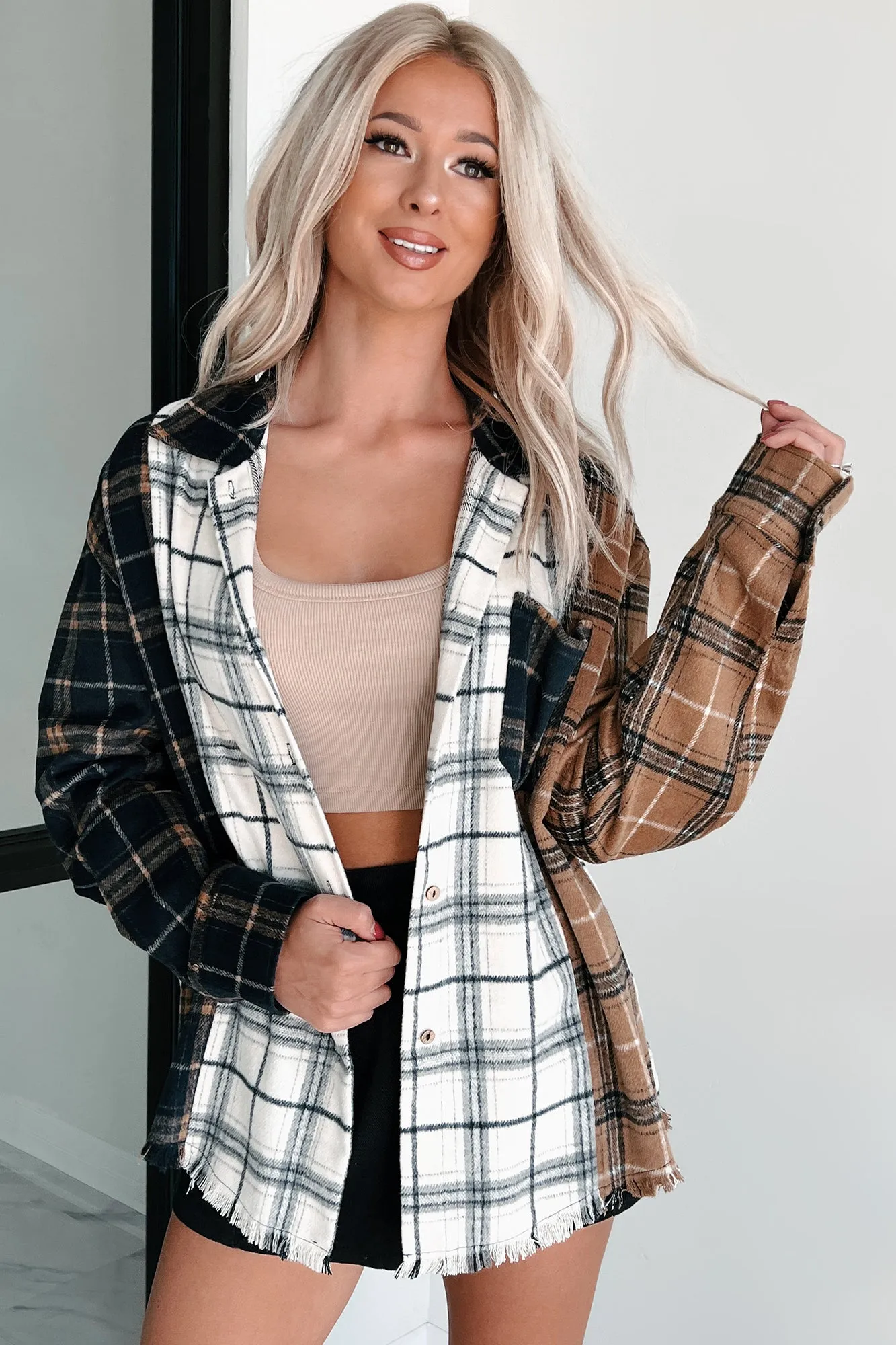 Bonfire Social Mixed Plaid Shacket (Multi/Navy)