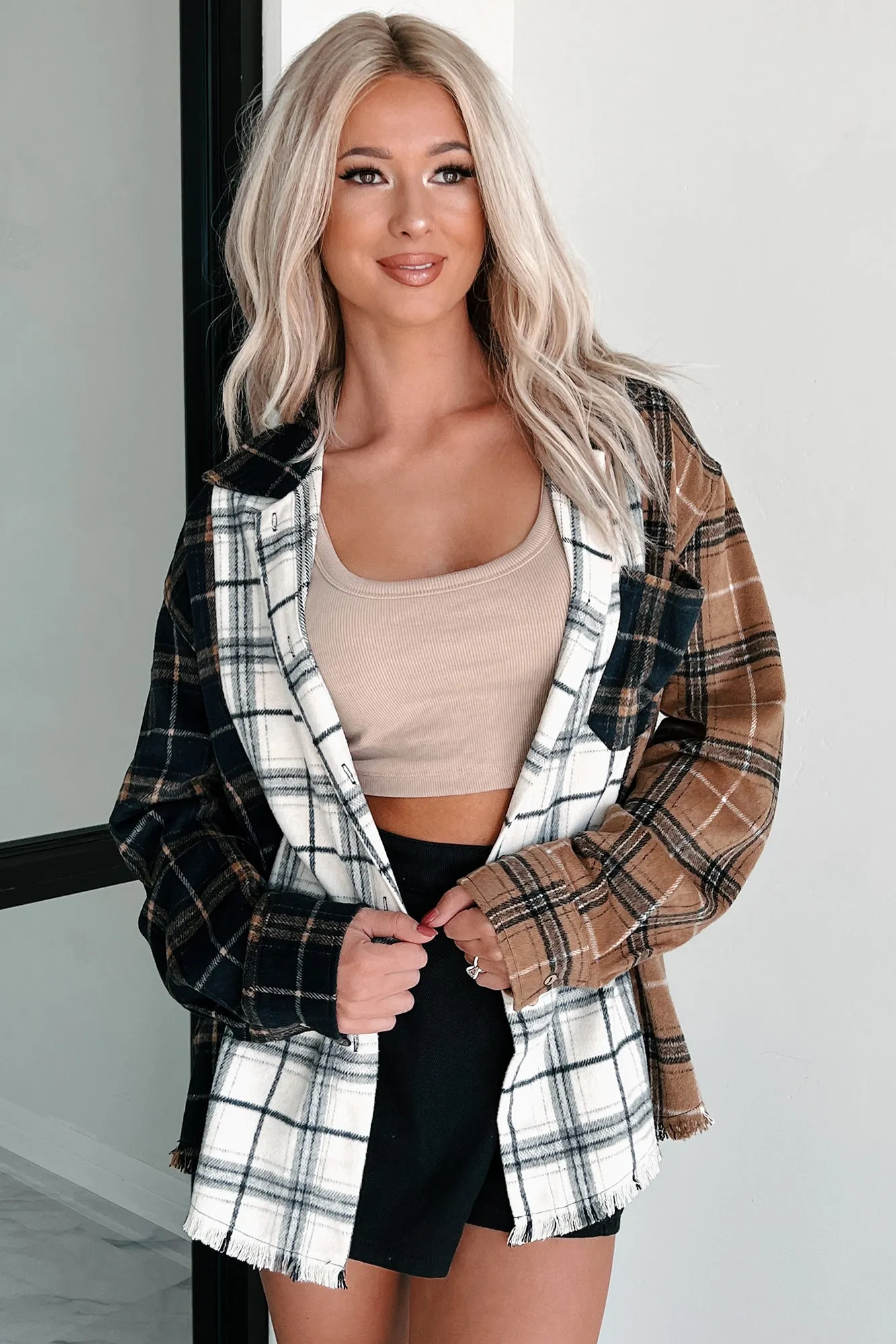 Bonfire Social Mixed Plaid Shacket (Multi/Navy)