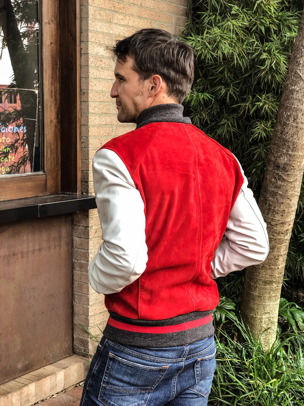 BOSTON Leather Varsity Jacket - Red & Ivory