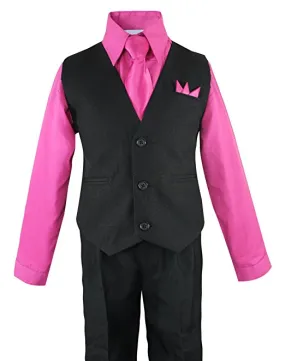 Boys Vest Pants Solid 5-Piece Set With Shirt And Tie - Black/Fuchsia