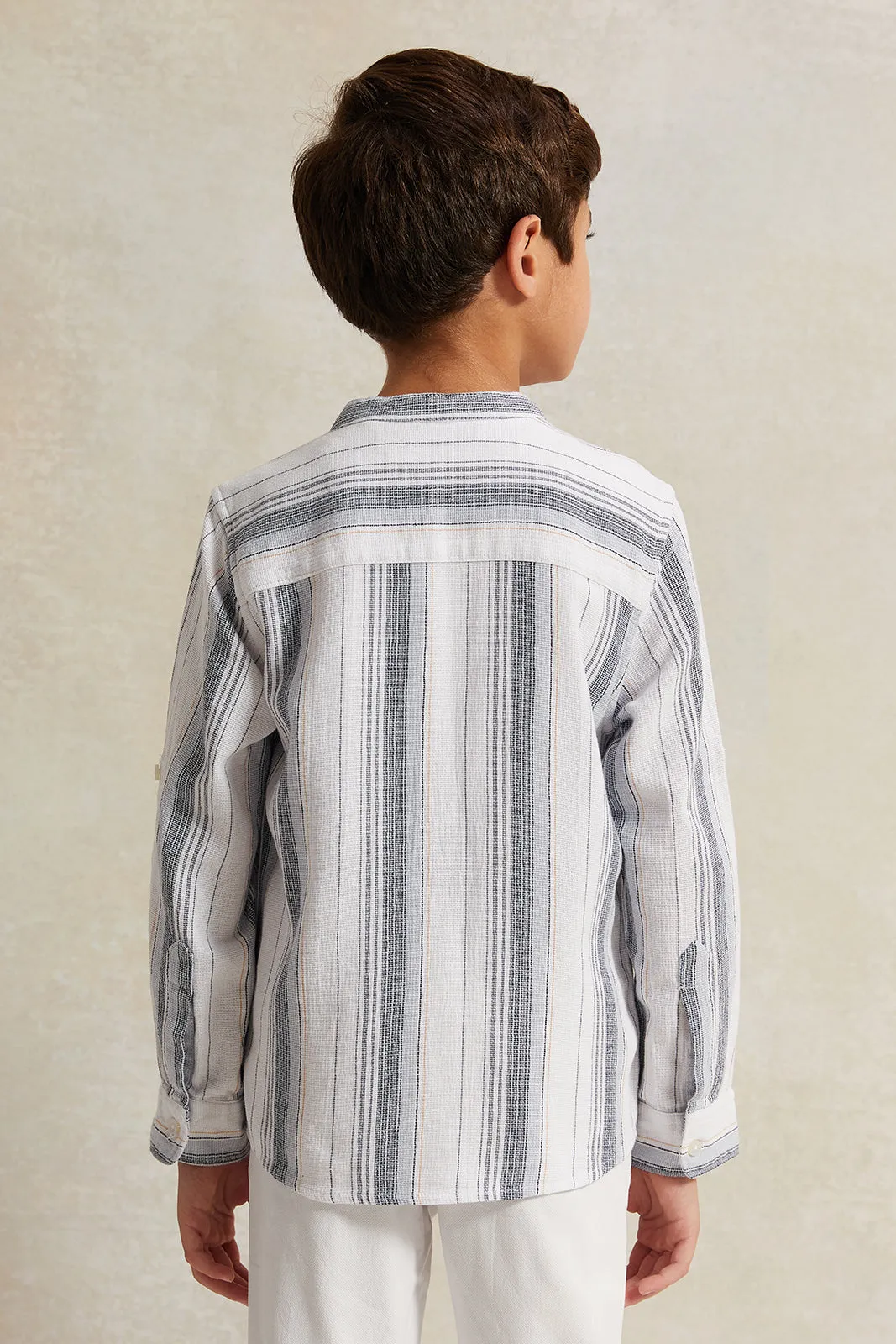 Boys White Dobby Stripe Shirt