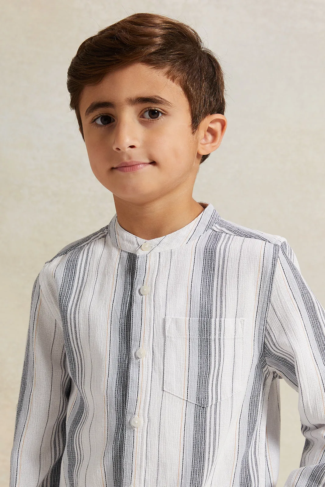 Boys White Dobby Stripe Shirt