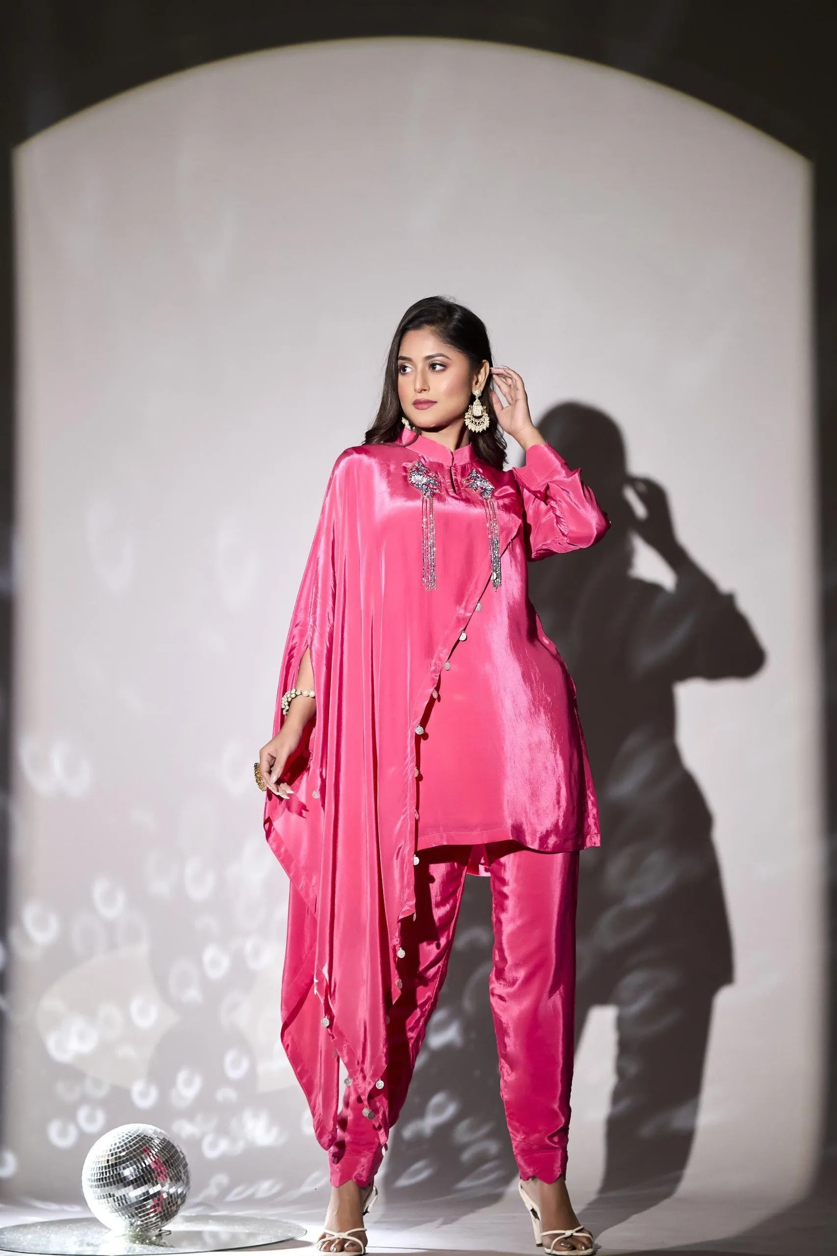 Bright Pink Embellished German Silk Co-Ord Set