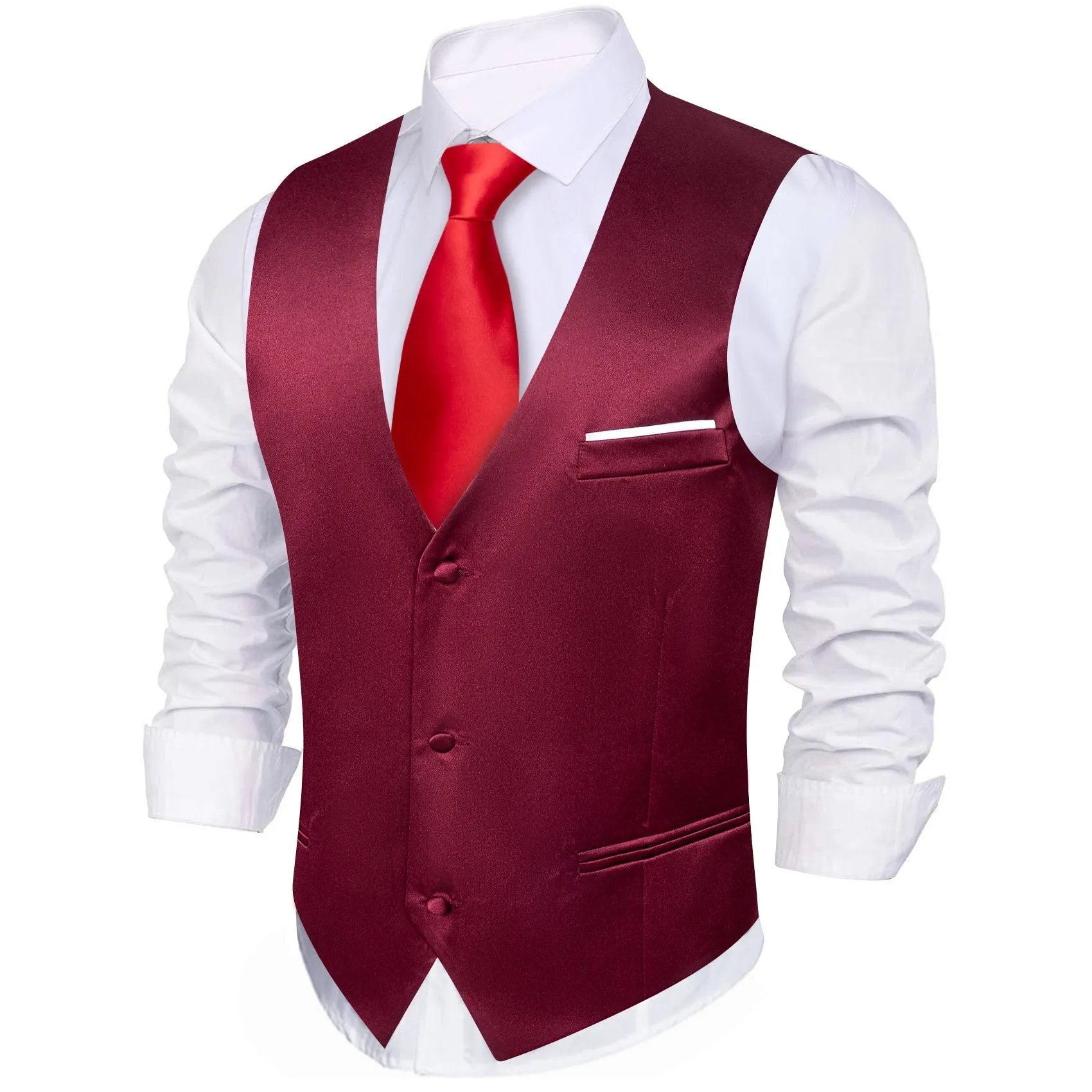 Burgundy Red Solid Satin Silk Men's V-Neck Business Vest