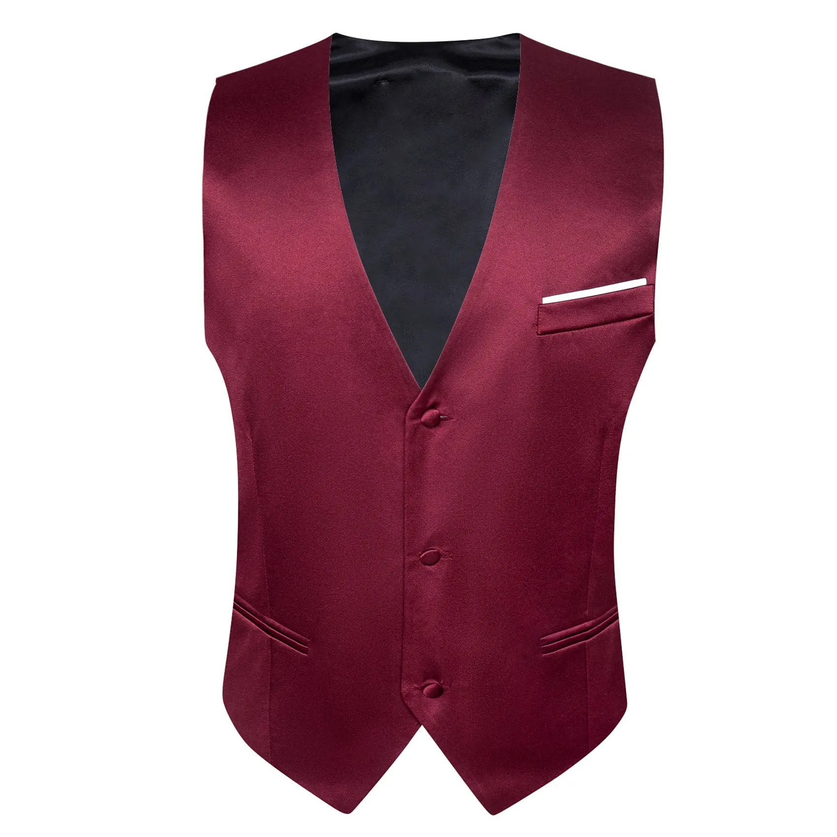 Burgundy Red Solid Satin Silk Men's V-Neck Business Vest