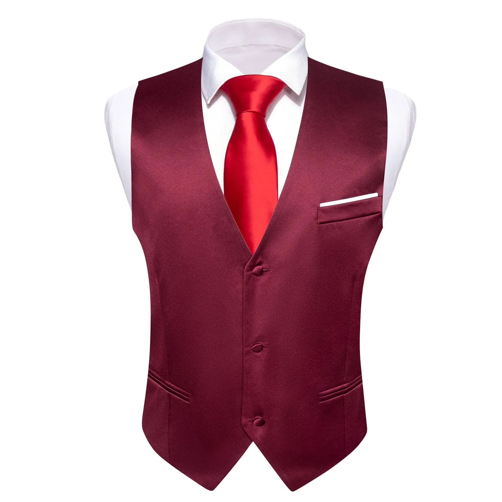 Burgundy Red Solid Satin Silk Men's V-Neck Business Vest