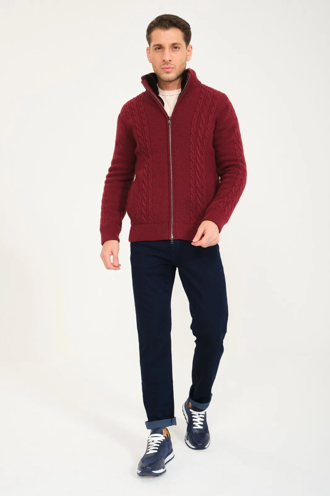 Burgundy Wool & Rex Fur Knit Cardigan