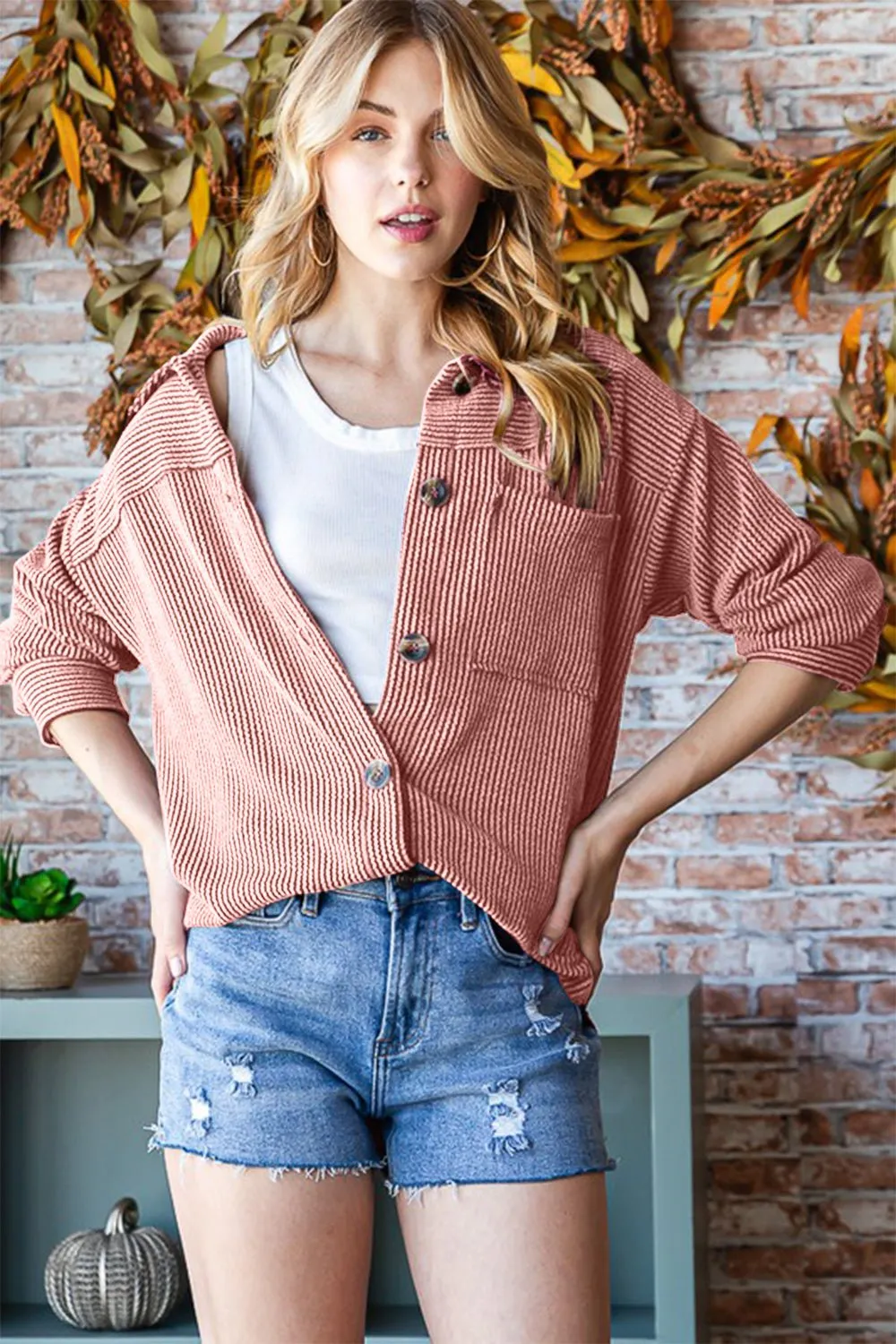 Button Up Long Sleeve Shacket in Dark Peach