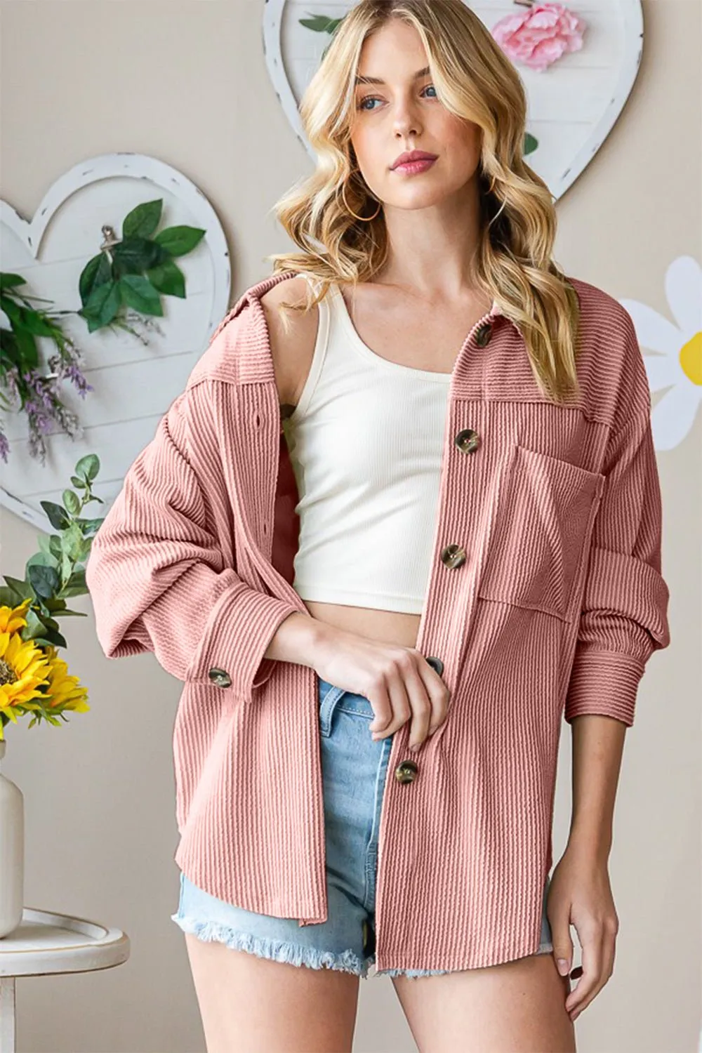 Button Up Long Sleeve Shacket in Dark Peach