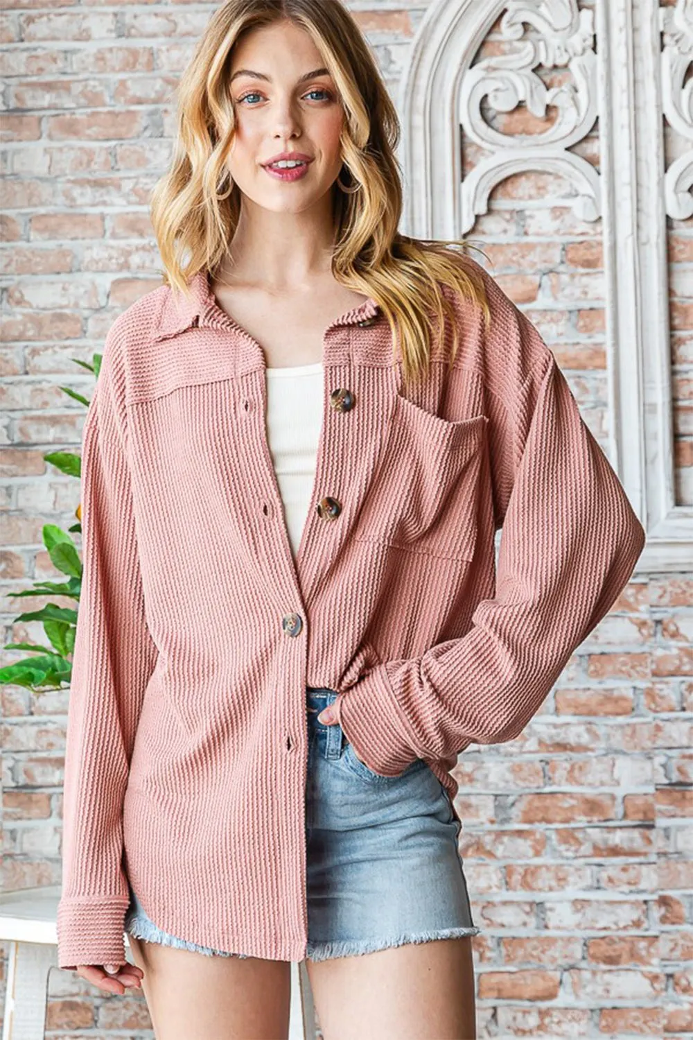 Button Up Long Sleeve Shacket in Dark Peach