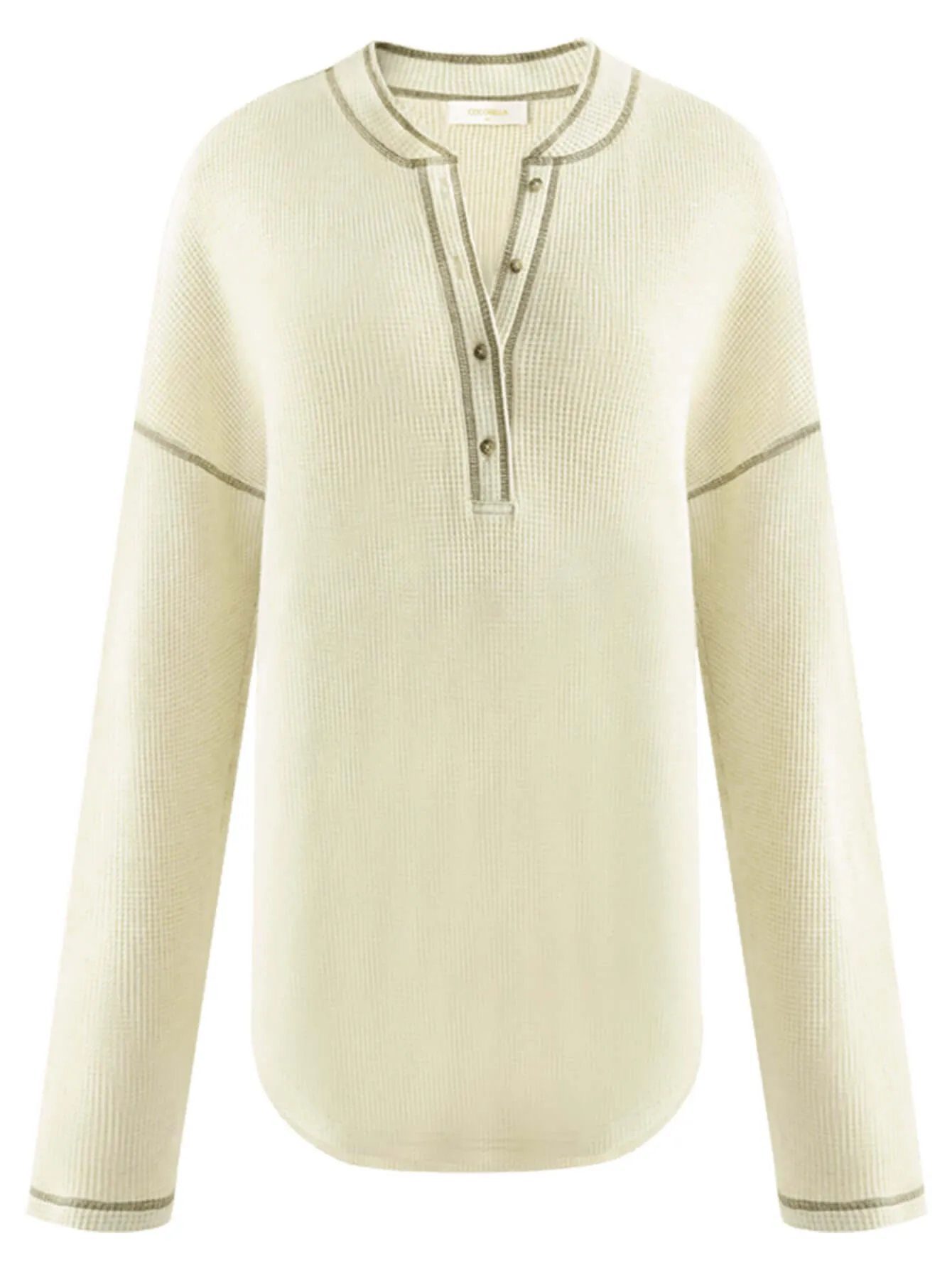 Casual Cream Half-Button Pullover Sweater with Contrast Lined Details