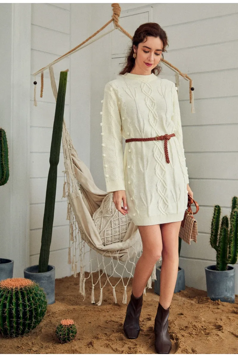 Casual O-neck Sweater Autumn Winter Long Sleeve White Female Knitted Dress Soft Straight Warm Sweater Dress