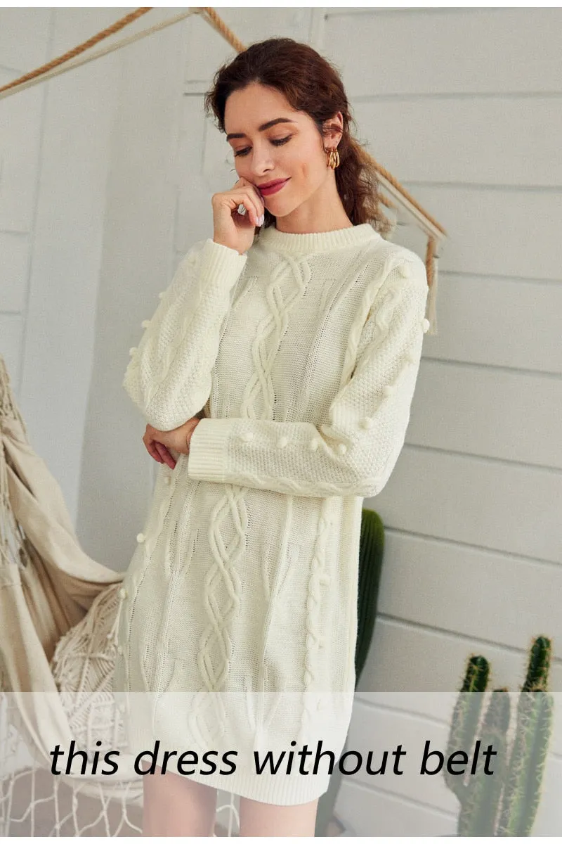 Casual O-neck Sweater Autumn Winter Long Sleeve White Female Knitted Dress Soft Straight Warm Sweater Dress