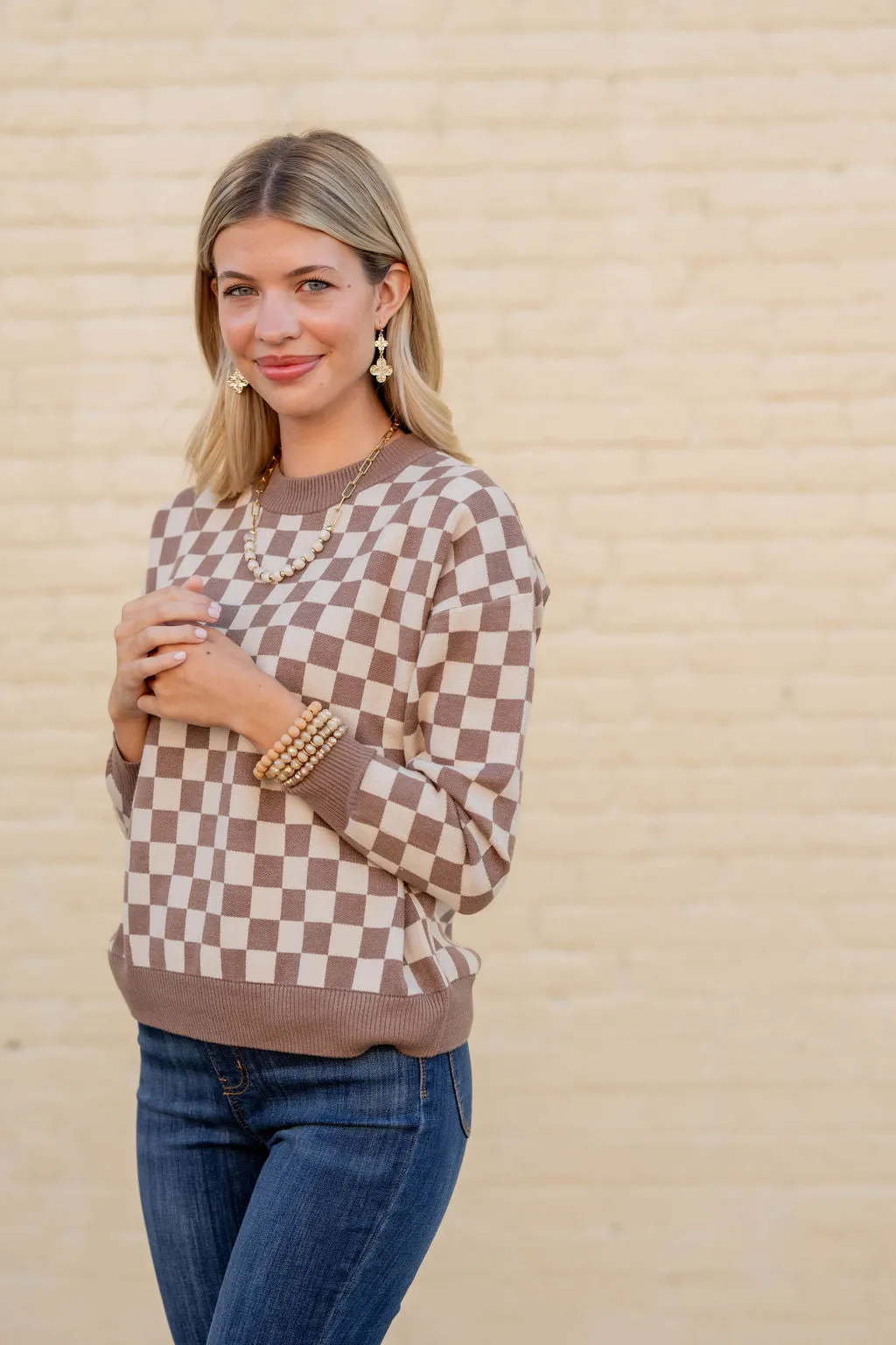 Checkered Ribbed Trim Sweater