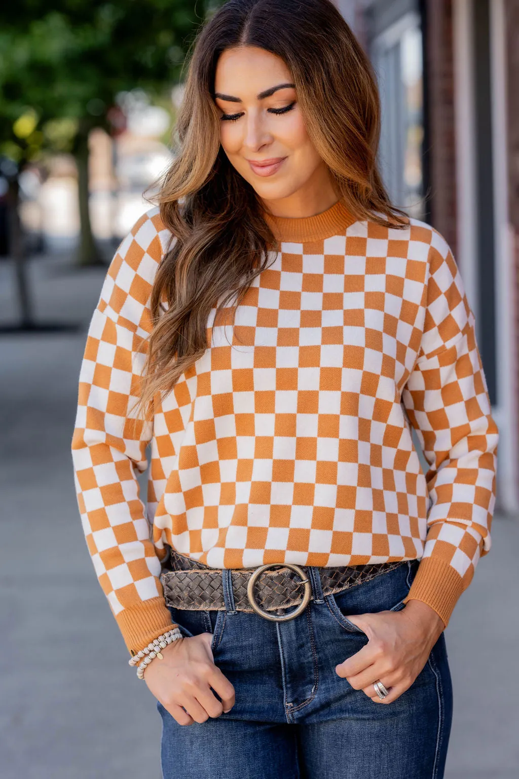 Checkered Ribbed Trim Sweater