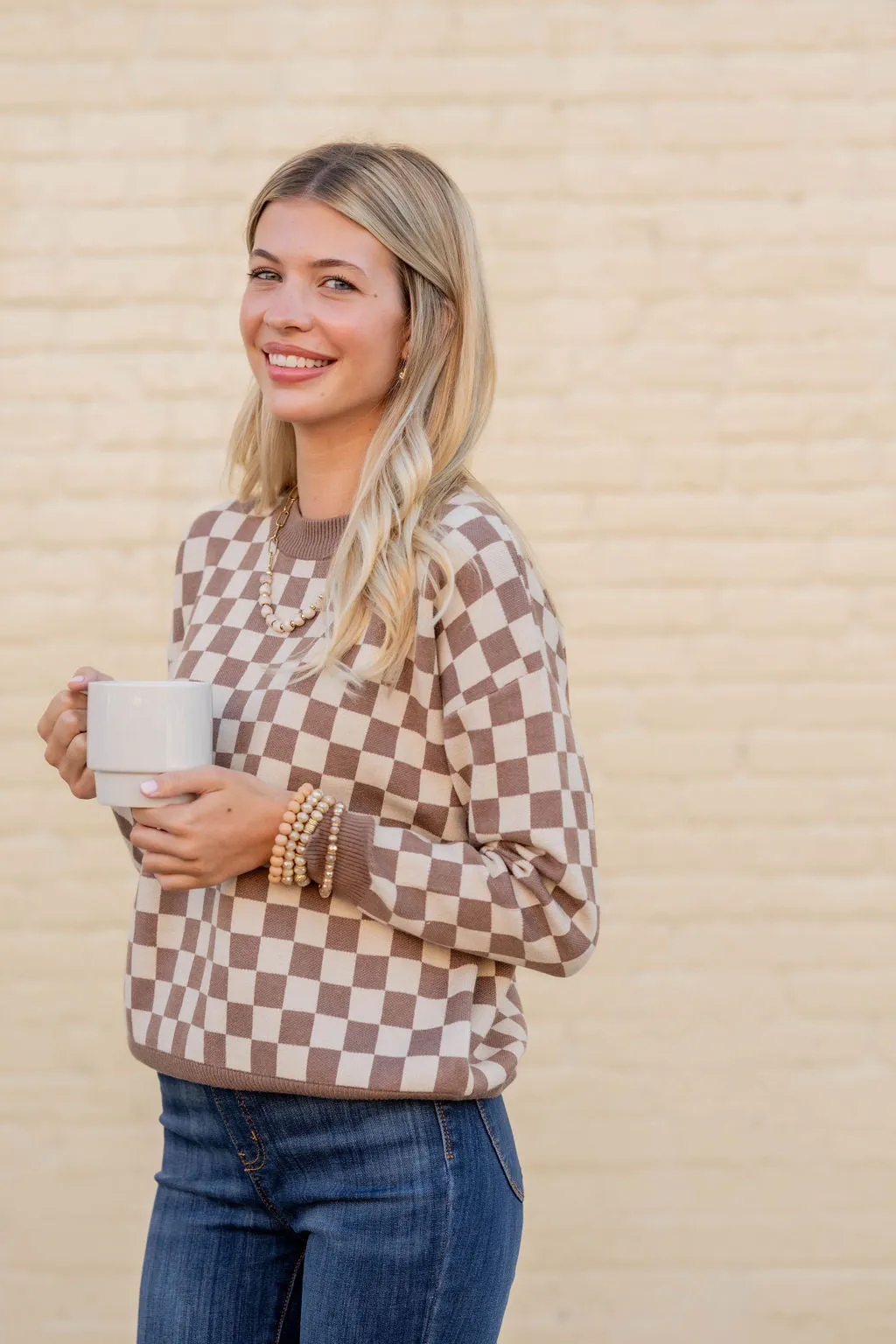 Checkered Ribbed Trim Sweater