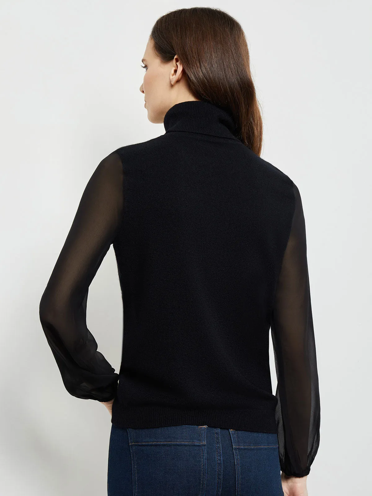 Chiffon Sleeve Cashmere Turtleneck, Black