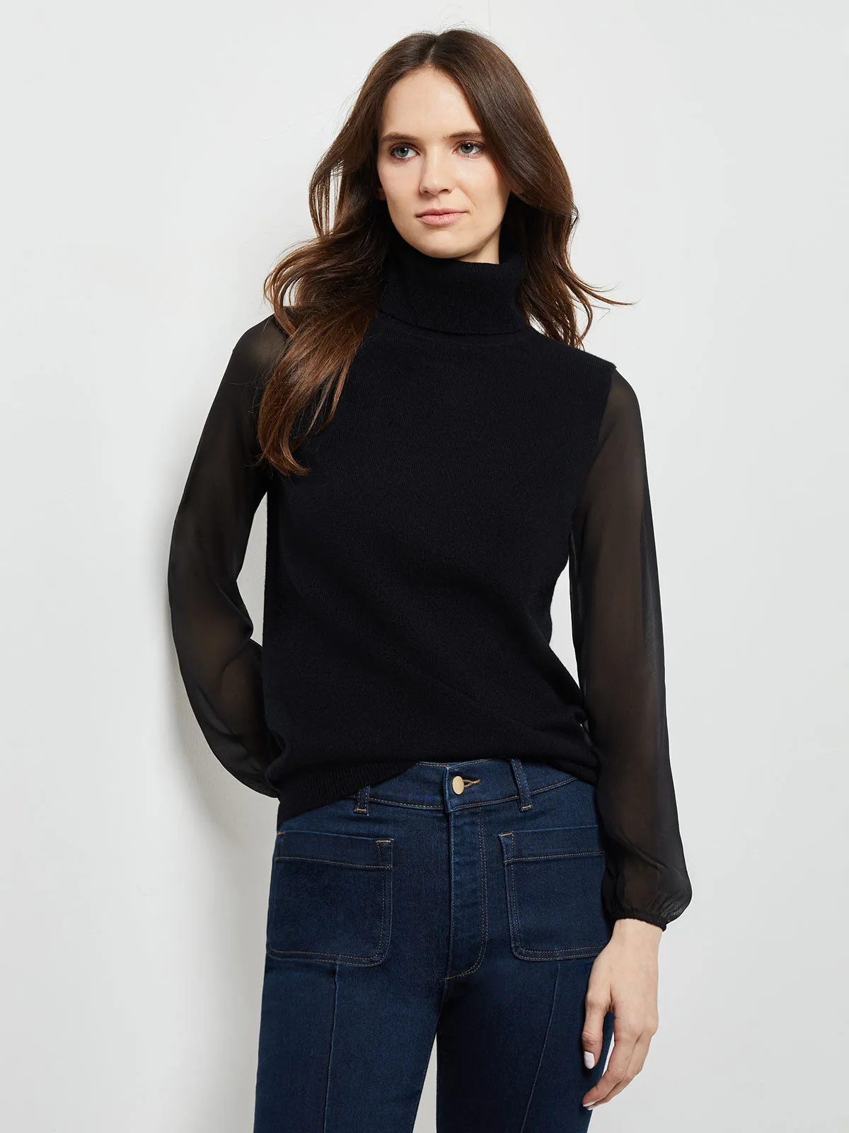 Chiffon Sleeve Cashmere Turtleneck, Black