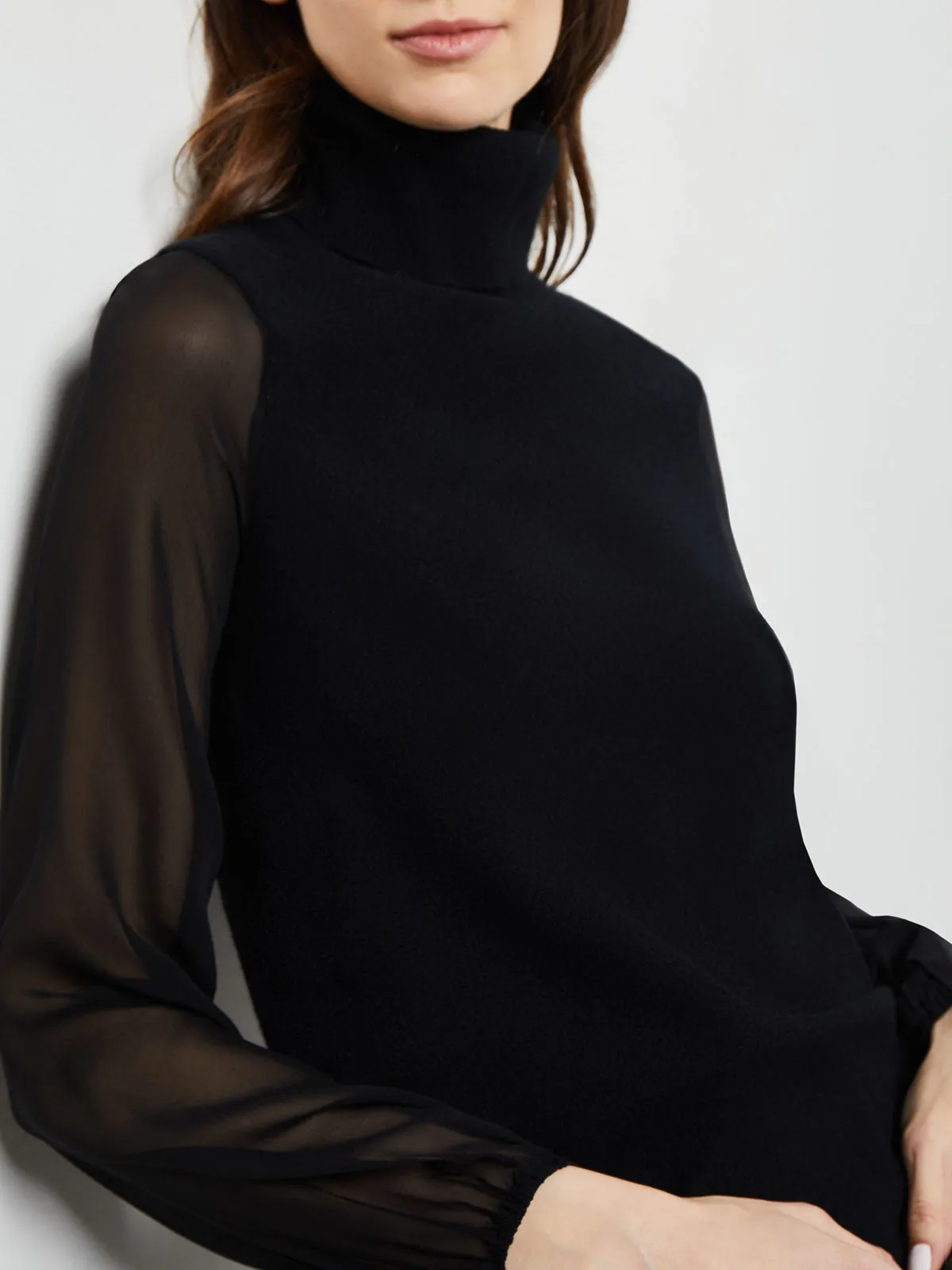 Chiffon Sleeve Cashmere Turtleneck, Black