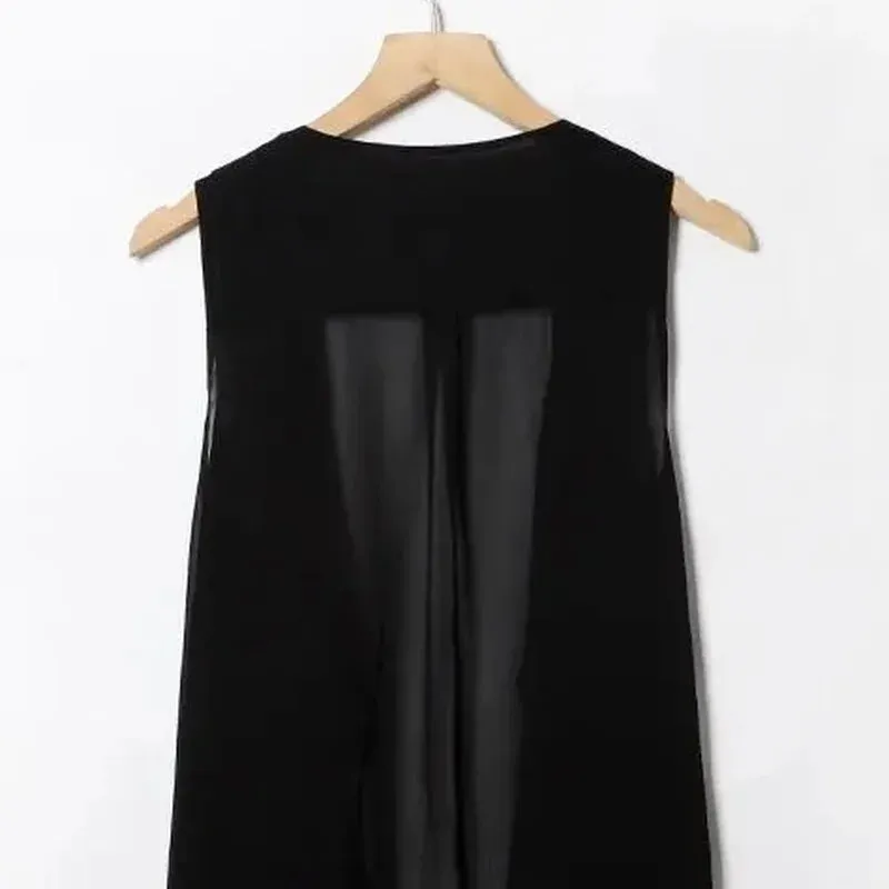 Chiffon Vests Women Holiday Street Solid Black Sweet Thin Summer All-match Fairy Outerwear Sexy Long Draped Open Stitch Vintage