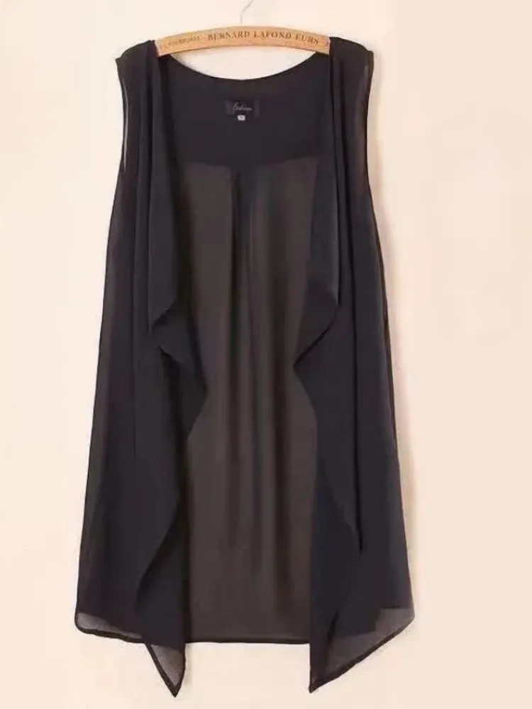 Chiffon Vests Women Holiday Street Solid Black Sweet Thin Summer All-match Fairy Outerwear Sexy Long Draped Open Stitch Vintage