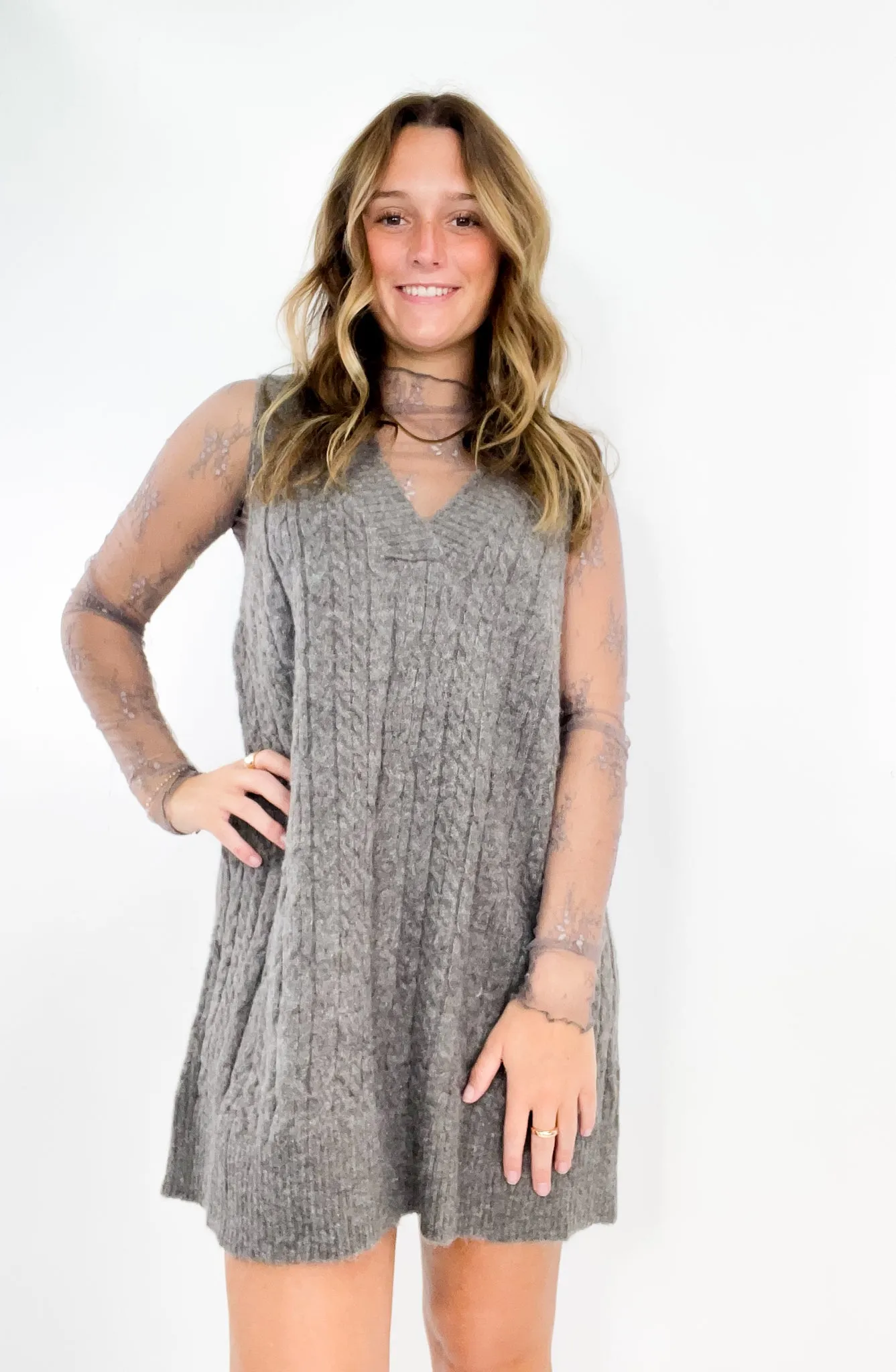 Chunky Cable Knit V-Neck Sweater Vest Tunic