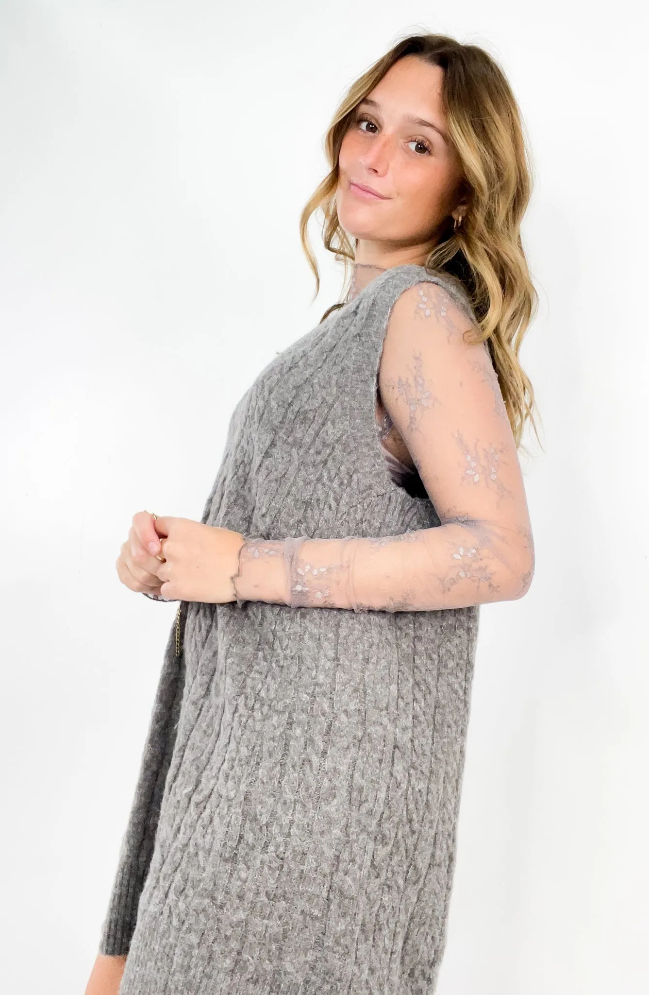 Chunky Cable Knit V-Neck Sweater Vest Tunic