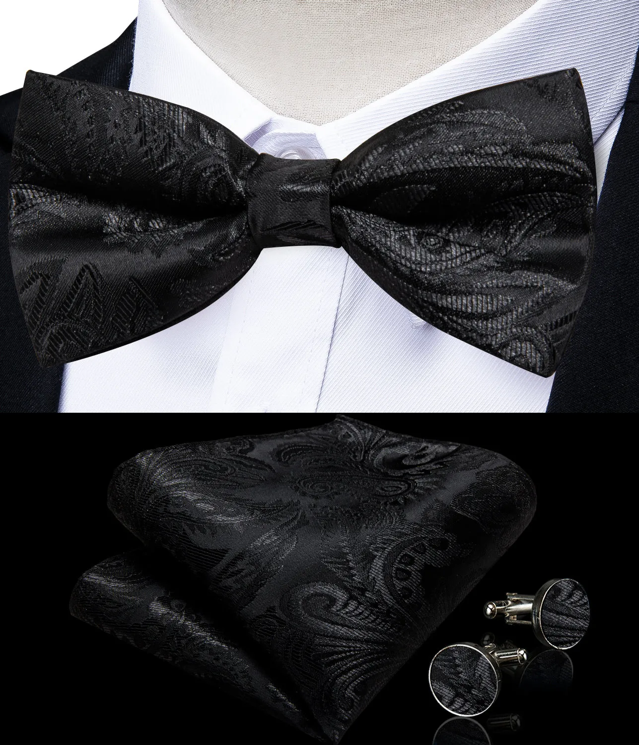 Classic Black Paisley Jacquard Silk Men's Collar Vest Bow Tie Handkerchief Cufflinks Set