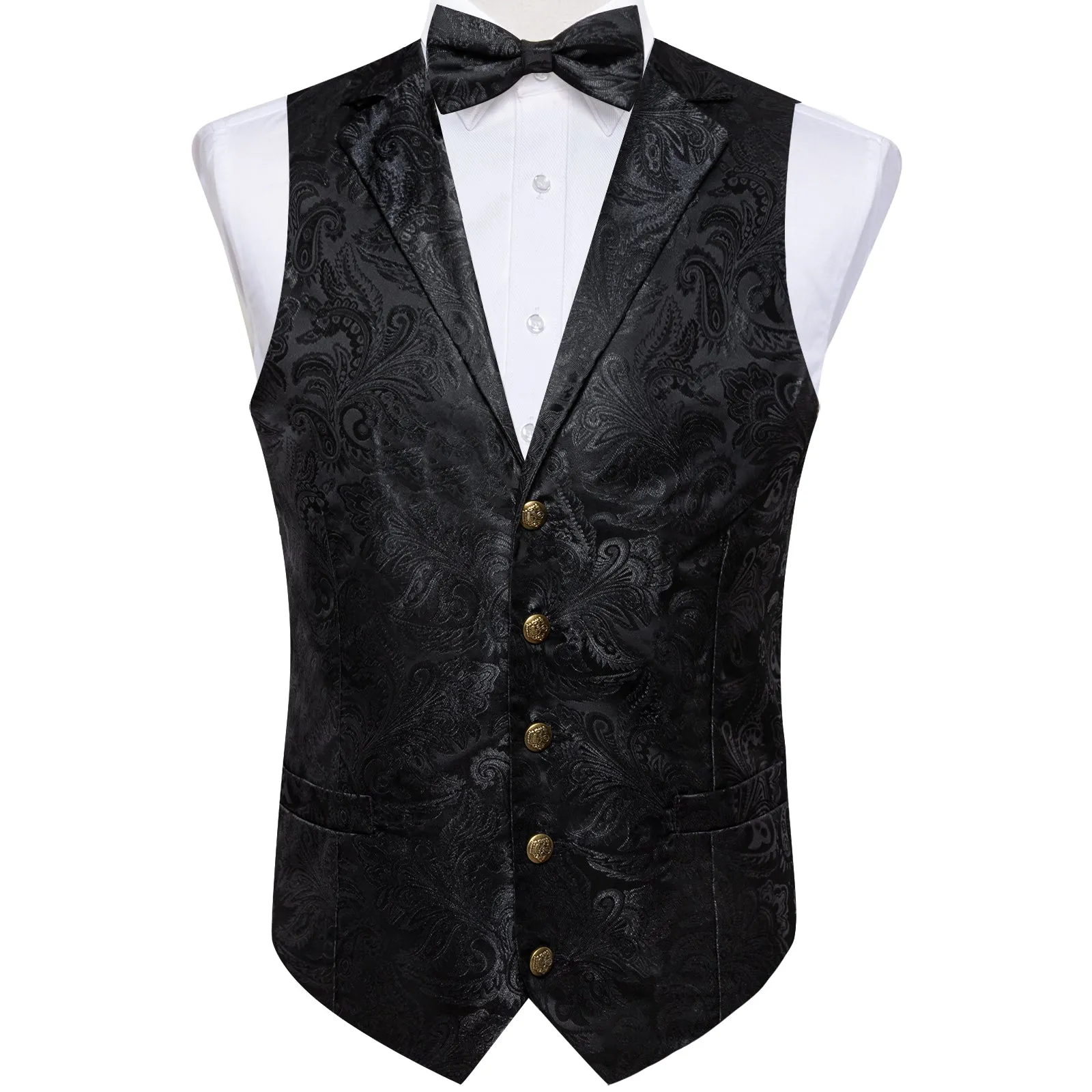 Classic Black Paisley Jacquard Silk Men's Collar Vest Bow Tie Handkerchief Cufflinks Set