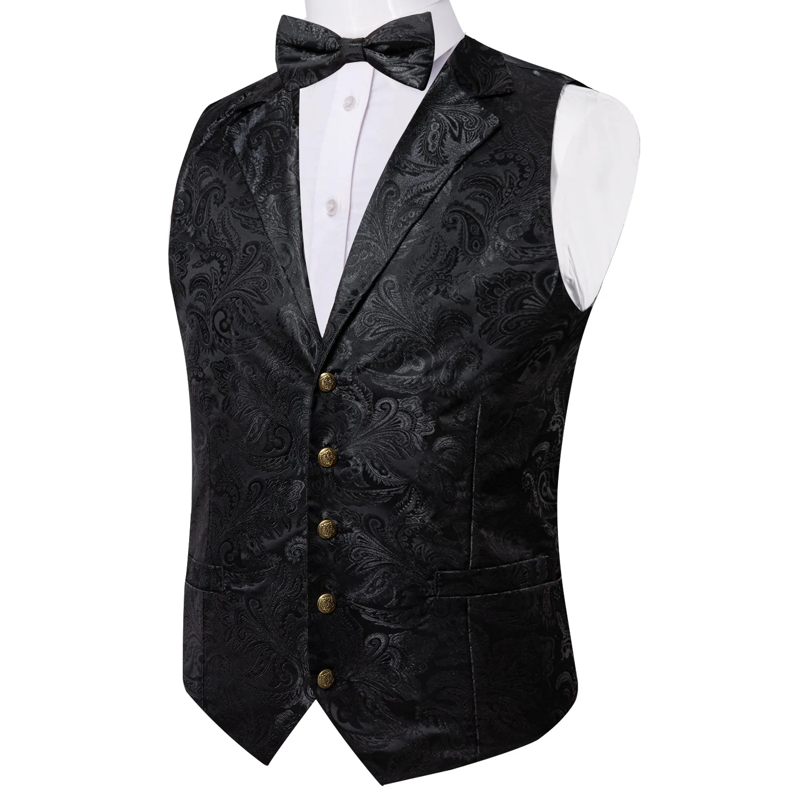 Classic Black Paisley Jacquard Silk Men's Collar Vest Bow Tie Handkerchief Cufflinks Set