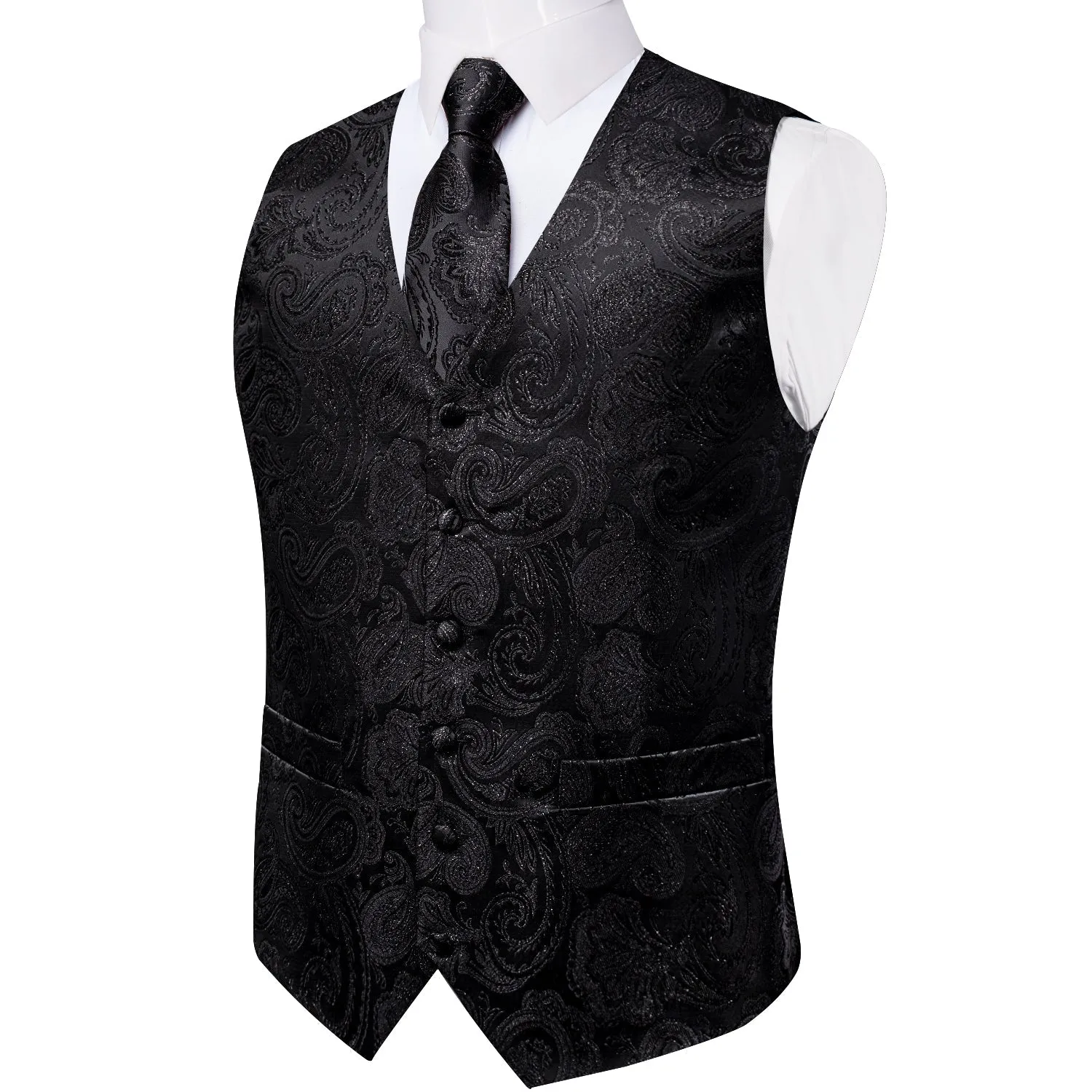 Classic Black Paisley Jacquard Silk Men's Vest Hanky Cufflinks Tie Set