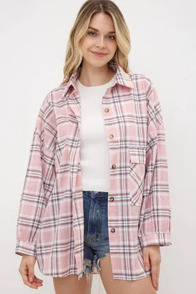 Coral Snap Button Plaid Shacket