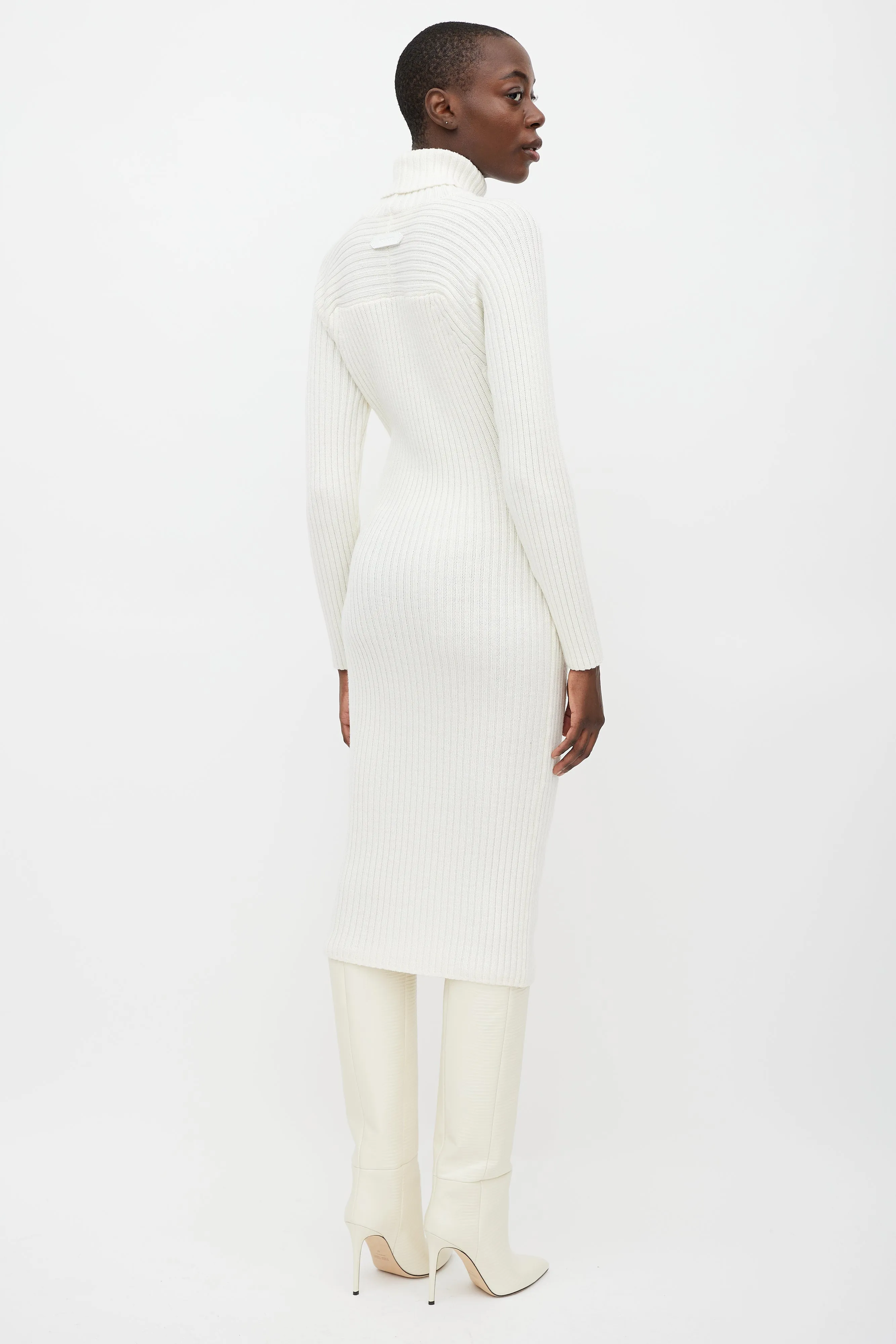 Cream Wool Knit Turtleneck Dress