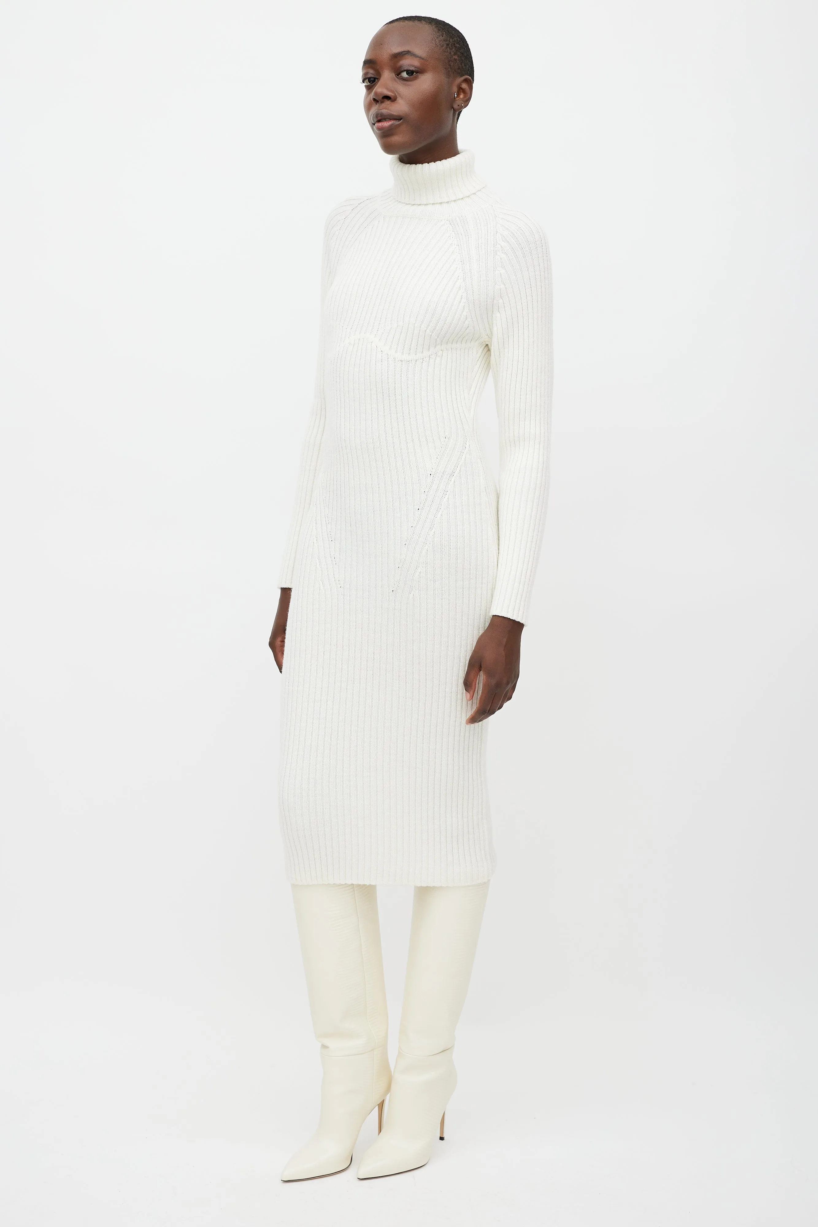 Cream Wool Knit Turtleneck Dress