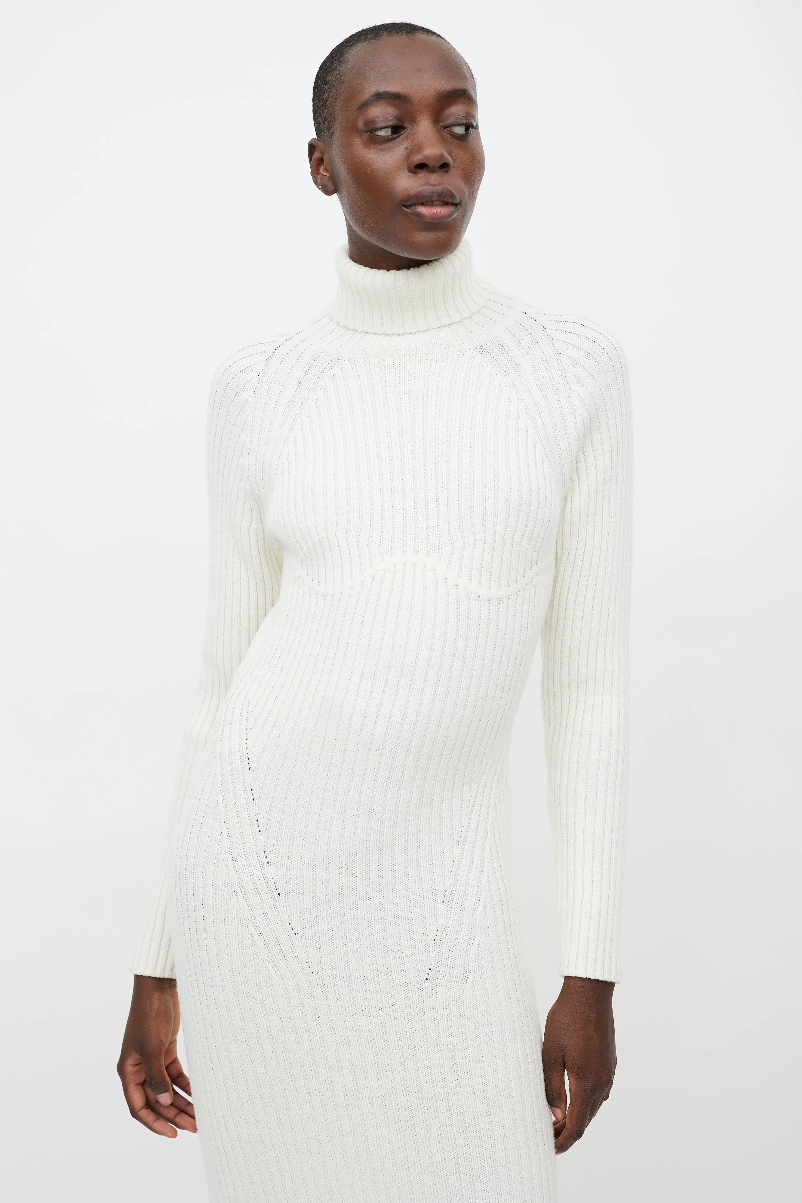 Cream Wool Knit Turtleneck Dress