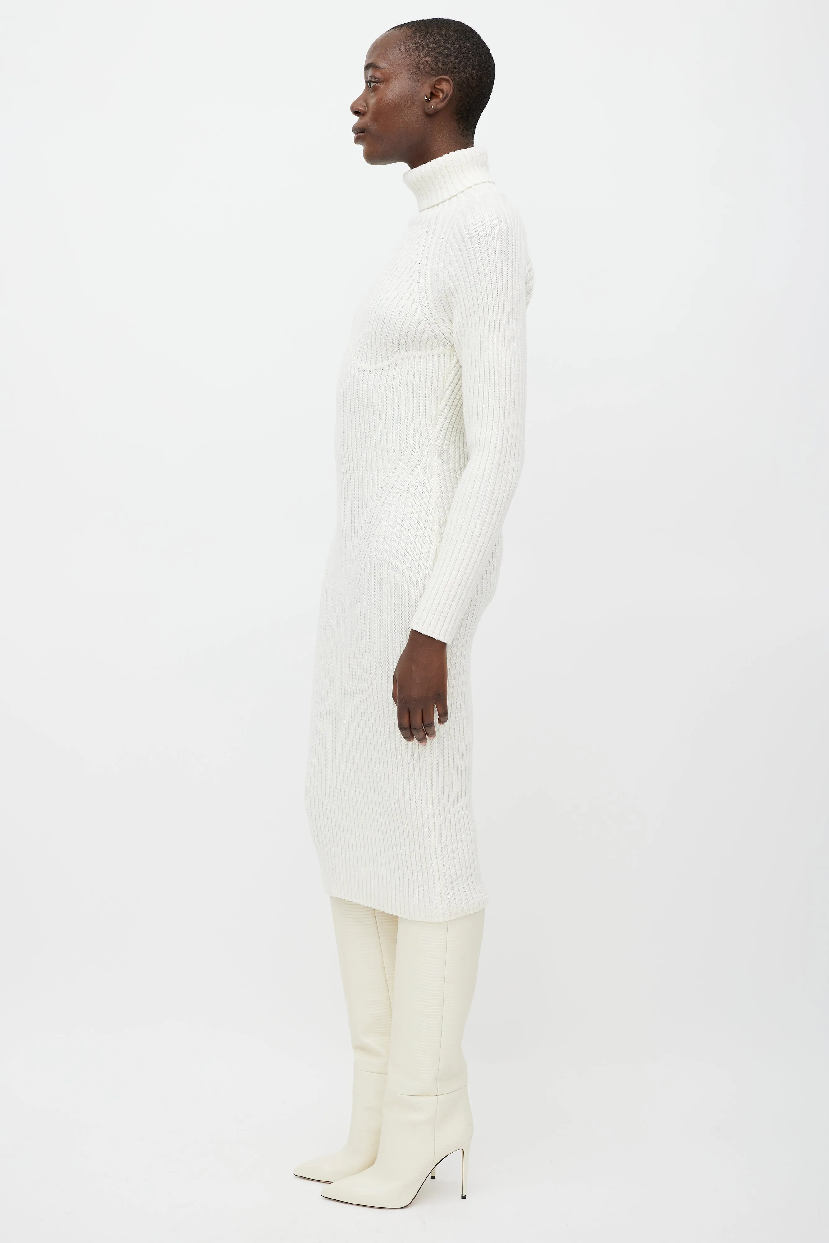 Cream Wool Knit Turtleneck Dress