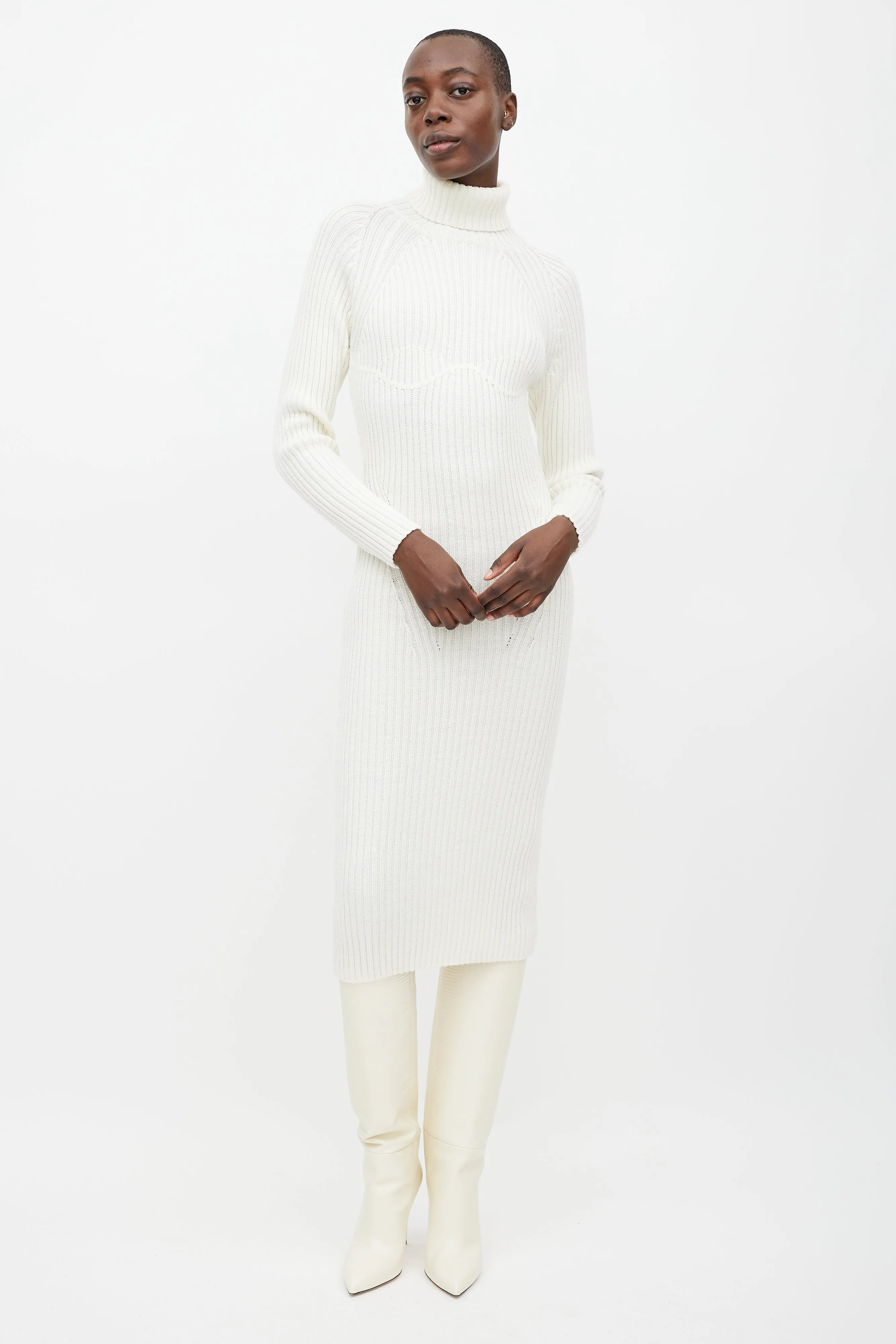 Cream Wool Knit Turtleneck Dress