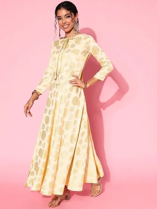 CreamEthnic Motifs Printed A-Line Silk Ethnic Dress